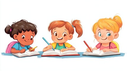 Three Children Diligently Working on Their Tasks