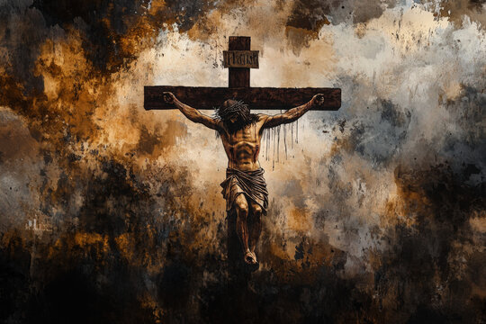 Painting of jesus christ being crucified on wooden cross with dramatic sky background