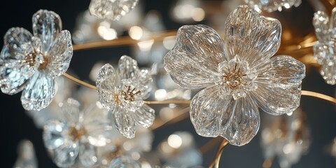 Fototapeta premium Crystal flower chandelier with golden accents.