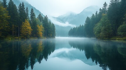 Obraz premium Misty Mountain Lake Reflections
