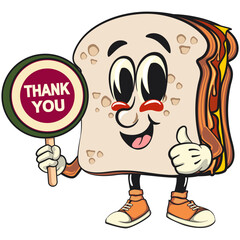 sandwich bread cartoon character mascot retro vector design carrying a sign saying thank you, work of hand drawn
