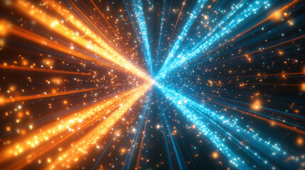 Naklejka premium “Bright radial light beams in blue and orange neon glow colors, creating an abstract background that evokes a light burst in the universe. Perfect for presentations, events, parties, carnivals, 