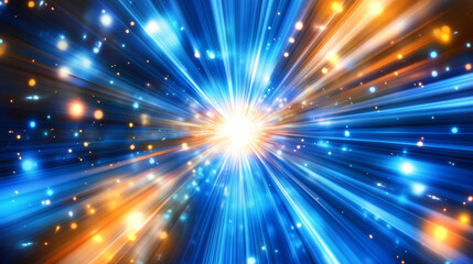 “Bright radial light beams in blue and orange neon glow colors, creating an abstract background that evokes a light burst in the universe. Perfect for presentations, events, parties, carnivals, 