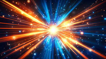 “Bright radial light beams in blue and orange neon glow colors, creating an abstract background that evokes a light burst in the universe. Perfect for presentations, events, parties, carnivals, 