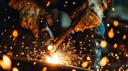 Close-up of Welder's Hands Working on Metal