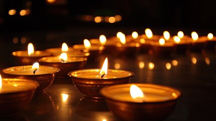 A row of candles are lit and arranged in a line