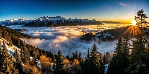 Obraz premium Mountain sunrise landscape, majestic peaks above clouds, serene nature view with glowing sun