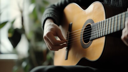 Fototapeta premium A man plays an acoustic guitar.