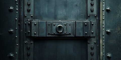 Heavy metal door with rivets and ring handle.