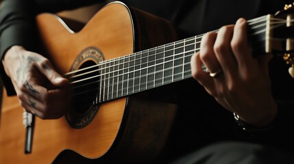 Obraz premium A man plays an acoustic guitar.