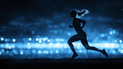 Obraz premium powerful image of a female athlete’s silhouette running in a night stadium, highlighting the speed, endurance, and focus needed for competition and fitness performance