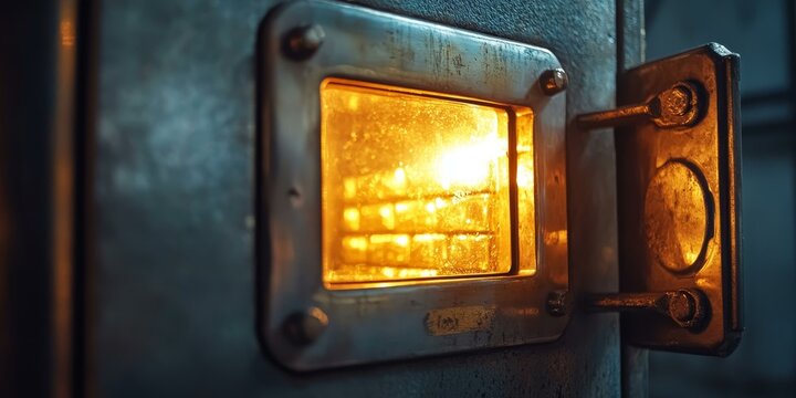 A glowing window in a metal door.