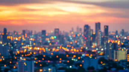 “Golden hour sky with a blurred city rooftop view, featuring a cityscape of corporate office buildings and a twilight skyline. The backdrop captures the essence of nightlife with bokeh lights, perfect