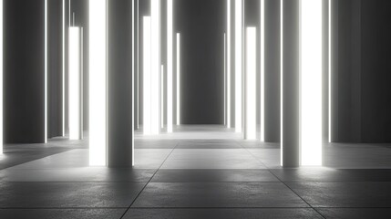 A dark room with a series of white pillars