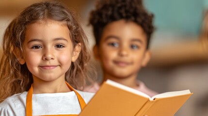 Two happy children engaged in reading a recipe, promoting literacy and joy in education, with a warm, inviting atmosphere.