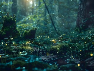 Fototapeta premium Enchanting Bioluminescent Forest Scene with Glowing Plants and Soft Ethereal Light