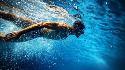 A swimmer glides effortlessly through the water, creating a trail of bubbles.