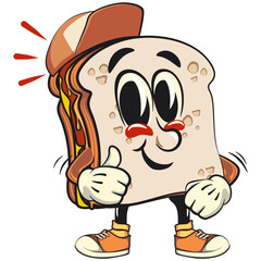 sandwich bread cartoon character mascot retro vector design wearing a baseball cap while giving a thumbs up, work of hand drawn