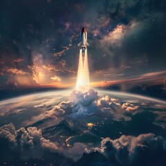 Powerful Space Shuttle Lifting Off Amidst Dramatic Cosmic Backdrop