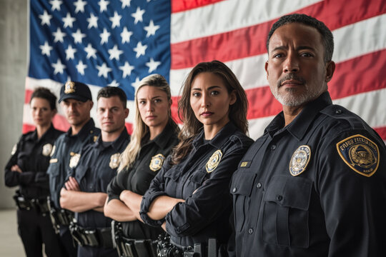Group of serious police officers standing with arms crossed in front of an american flag