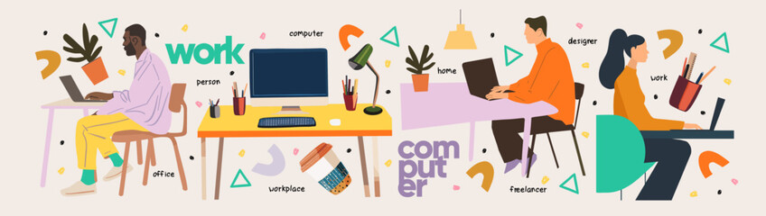 Work in the office and at home on the computer and laptop. Vector abstract illustration of freelance designer, people, man and woman at the workplace at the table, icons, sticker, sign and logo 
