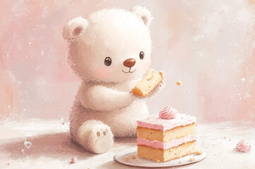 A charming children's illustration featuring a cute vintage white bear sitting on the floor, enjoying a slice of cake
