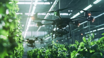Drones at work on a massive farm, flying over crops in an entirely automated process.