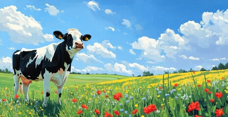 A black and white cow stands in a green field under a blue sky with clouds