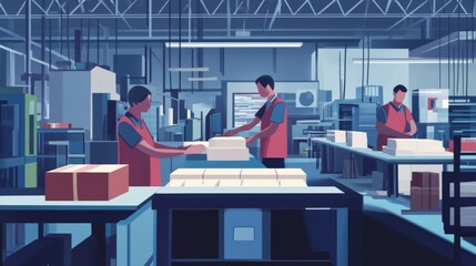 Obraz premium Three workers in a printing factory are operating machinery and processing paper.