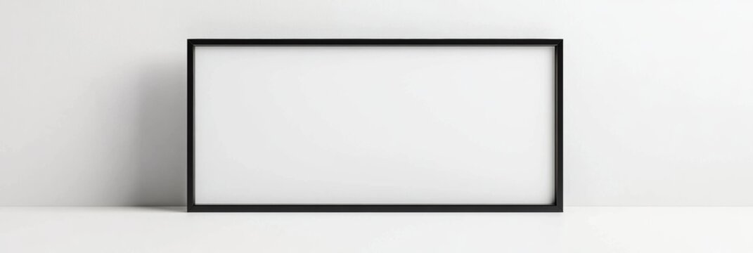 A glossy black rectangular frame with a blank space inside, standing on a clean white background