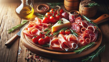 traditional italian antipasto platter, assorted cured meats like prosciutto and salami, cherry...