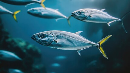 A fish is swimming in the ocean with a yellow tail