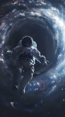 Fototapeta premium Astronaut Floating Near Enigmatic Black Hole Showcasing Awe and Danger of Space Phenomena