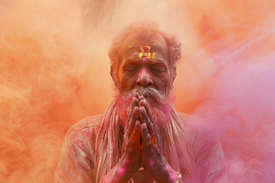 A man with a beard and long hair is praying in a colorful room. The room is filled with smoke, giving it a mystical and spiritual atmosphere