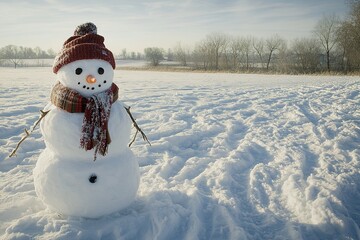 Cheerful snowman in winter landscape with warm hat and scarf