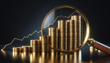 A magnifying glass inspecting stacked gold coins with an upward financial graph in the background