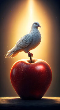 White dove standing on a stalk of a juicy red apple with dramatic spotlight lighting