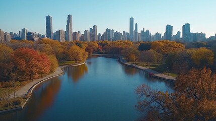 Obraz premium urban landscape with an aerial view of city and river, featuring downtown buildings, skyline horizon, and scenic water reflections, blending city life with nature