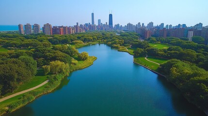 Fototapeta premium panoramic aerial view of the city and river, highlighting the skyline, architecture, bridges, and urban scenery set against the natural beauty of the water reflection