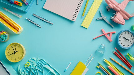 &ldquo;Top view of a well-organized drawing station with vibrant stationery, including a pencil case, pens, sketchbook, plasticine, stapler, scissors, plane-shaped sharpener, and a clock on a soft blue back