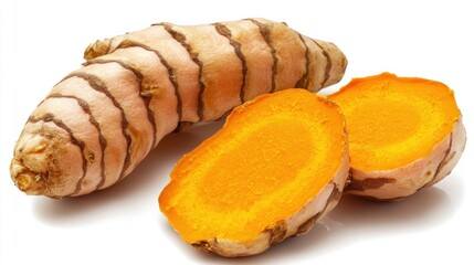 A vibrant turmeric root sliced in half, isolated on a white background