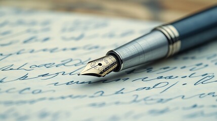 classic stationery scene with a silver pen on a page of handwritten notes, showcasing the timeless art of writing, creativity, and detailed reflection in an office setting