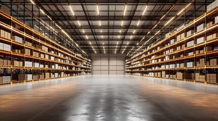 Fototapeta premium A large warehouse with rows of shelves full of boxes, lit by overhead fluorescent lights.