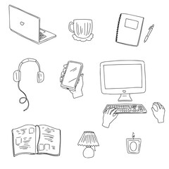 シンプルな線画のデスク周りのモノたち