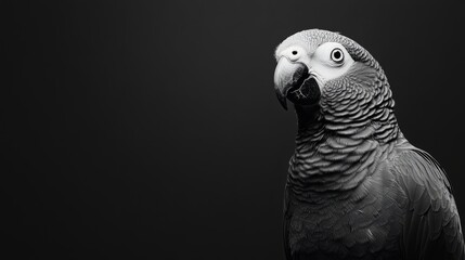 Fototapeta premium Portrait of an African Grey parrot perched with its head tilted, giving a curious and inquisitive look.