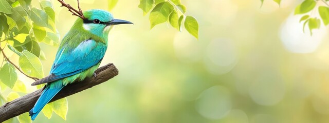 Fototapeta premium A blue-green bird sits atop a tree branch beside a verdant tree laden with leaves