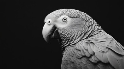 Fototapeta premium Side profile of an African Grey parrot looking attentively, with its sharp beak and intelligent eyes.