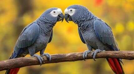 Obraz premium Two African Grey parrots interacting on a perch, showcasing their unique bond and playful behavior.