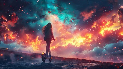 Obraz premium Illustration Of Young Cute Redhead Girl Riding An Electric Scooter On Colorful Fantasy Planet