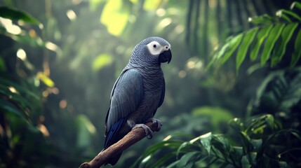 Obraz premium Wild African Grey parrot resting on a branch in its natural rainforest habitat, surrounded by greenery.